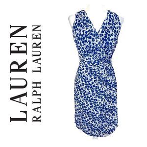 LAUREN RALPH LAUREN Faux Wrap Chiffon Sleeveless Dress Blue/White 4 EUC